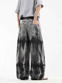 1 件男士美式复古嘻哈牛仔裤，高街个性化水洗阔腿休闲宽松街头风裤子，垃圾摇滚 - 黑色 - 查看 7