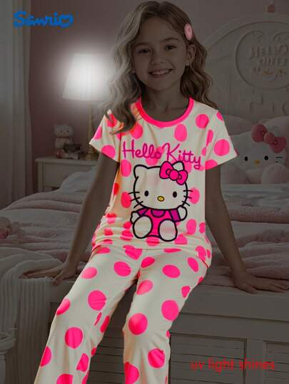 Sanrio Sanrio Hello Kitty 2pcs Pajama Set: Glow-In-The-Dark Short Sleeve Top + Butterfly Print Long Pants, Flame Retardant, Girls