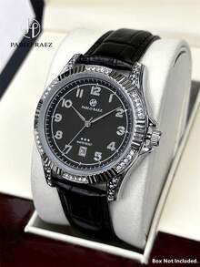 Pablo Raez 1pc Man Black Suit Business Watch Fashion Casual Wristwatch For Gentleman Stainless Steel Silver IPS Rhinestones Case Luxury Black Soft & Comfortable Microfiber Leather Fashionable Designer Male Arabic Scales Scales With Date 50M Waterproof Calendar - Silver - View 2