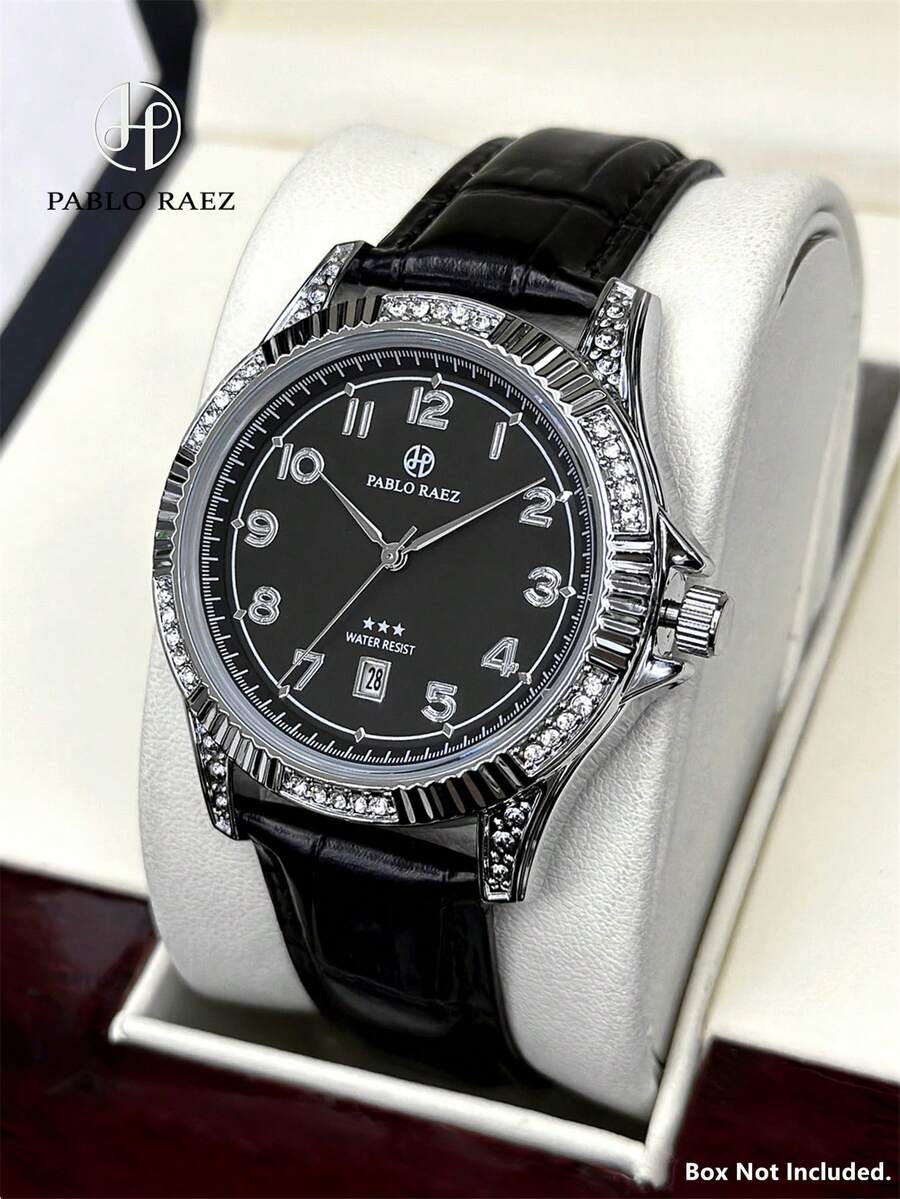 Pablo Raez 1pc Man Black Suit Business Watch Fashion Casual Wristwatch For Gentleman Stainless Steel Silver IPS Rhinestones Case Luxury Black Soft & Comfortable Microfiber Leather Fashionable Designer Male Arabic Scales Scales With Date 50M Waterproof Calendar
