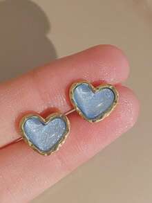 1 对复古优雅小巧猫眼心形耳环，简约设计耳环 - 淺藍色 - 查看 2