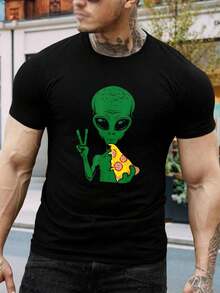Camiseta de Pizza Extraterrestre con Señal de Paz - Divertida camiseta gráfica para hombres y mujeres - Diseño único de manga corta - Regalo perfecto para amantes de la pizza y entusiastas de los ovnis - Camiseta de algodón suave para adultos y jóvenes - Negro - Ver 1