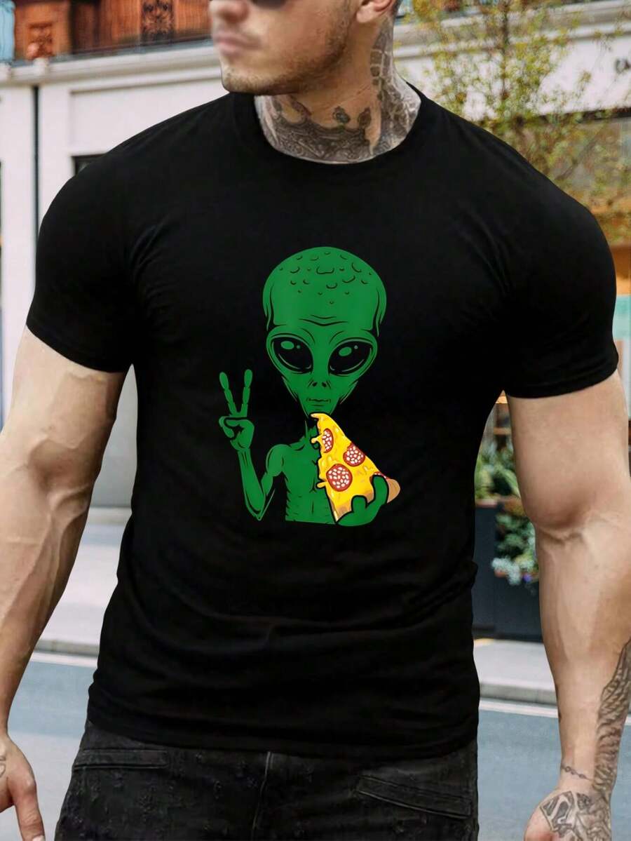 Camiseta de Pizza Extraterrestre con Señal de Paz - Divertida camiseta gráfica para hombres y mujeres - Diseño único de manga corta - Regalo perfecto para amantes de la pizza y entusiastas de los ovnis - Camiseta de algodón suave para adultos y jóvenes - Negro - Ver 1
