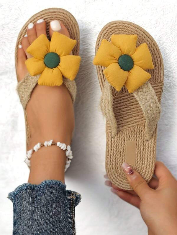 Boho Floral Summer Outdoor New Arrivals Flowers Flip Flops, Beach Sandals, Fashionable , Thick Non-Slip Soles