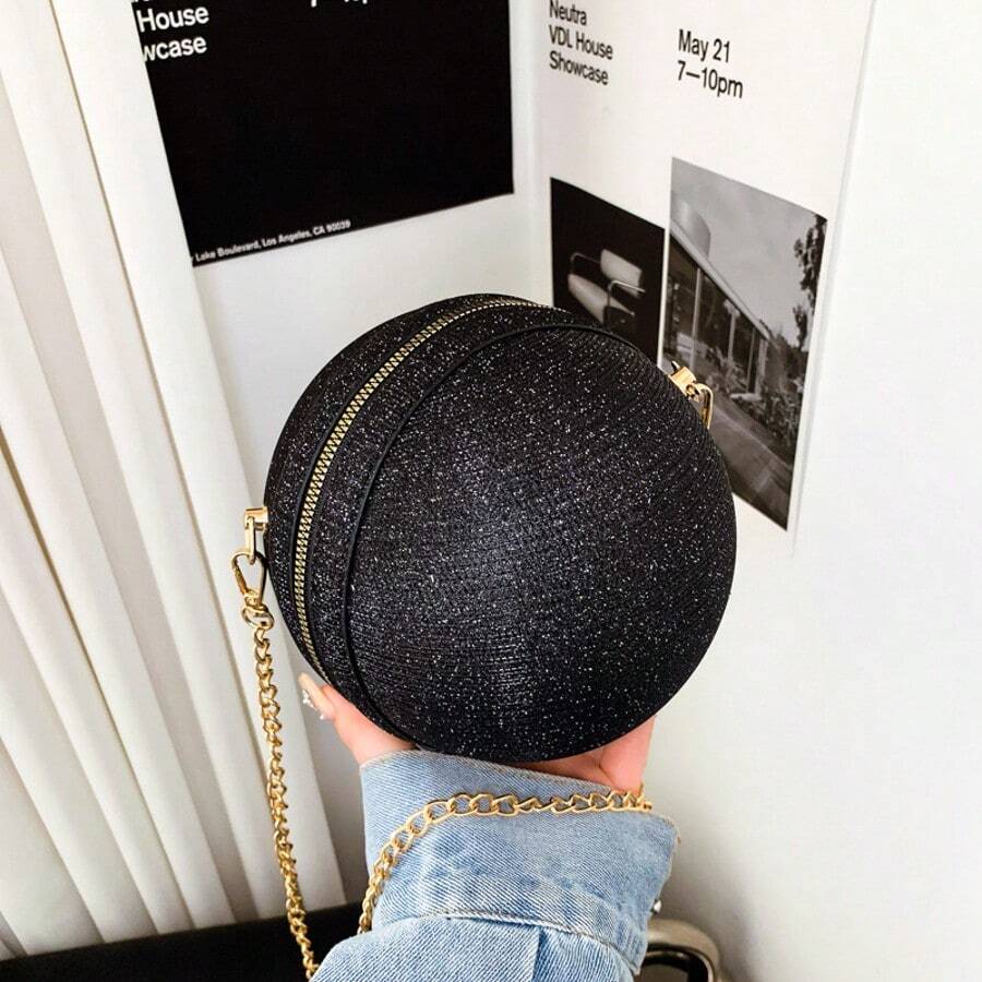 Runde Abendtasche mit Paillettendekor, Handtasche, Glitzer-Kettentasche für Party und Hochzeit - Schwarz - Übersicht 1