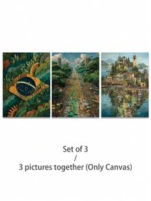 3件套，可选画框，现代抽象巴西国旗墙画，黄绿蓝色块，建筑插画，家居墙面装饰，客厅卧室办公室艺术品 - 彩色 - 查看 15