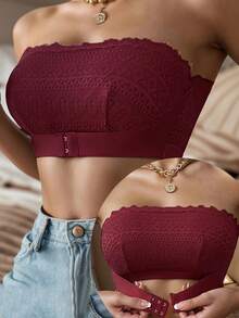 Áo ngực không dây cài trước họa tiết hoa thêu ren, áo ngực Bandeau thoải mái dành cho nữ - Màu Đỏ Sâu - Xem 6