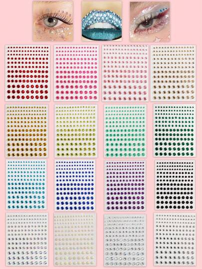 16色透明纯亮多颗粒面部装饰水钻，自粘装饰钻石，适用于眼角/指甲/面部装饰，嘉年华、情人节、Y2K风格派对、日常装饰、DIY面部装饰、音乐节、化妆派对、舞会，也可用于头发、眼睛、面部、身体装饰。