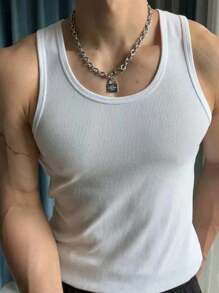 Chaleco ajustado de hombre, ropa de fitness con costuras, camiseta deportiva sin mangas con alta elasticidad y unicolor americano