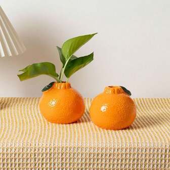 2pc Ceramic Orange Flower Vases, Small Orange Fruit Vase Decor, Floral Green Plant Vase For Tabletop, Office, Living Room