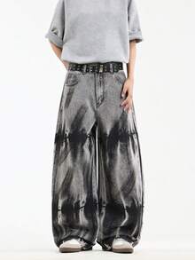 1 件男士美式复古嘻哈牛仔裤，高街个性化水洗阔腿休闲宽松街头风裤子，垃圾摇滚 - 黑色 - 查看 2