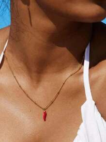 1 pieza Collar de mujer con baño de oro de 18K, cadena de cuentas de acero inoxidable con colgante de chile rojo, adecuado para uso diario y bodas, regalo