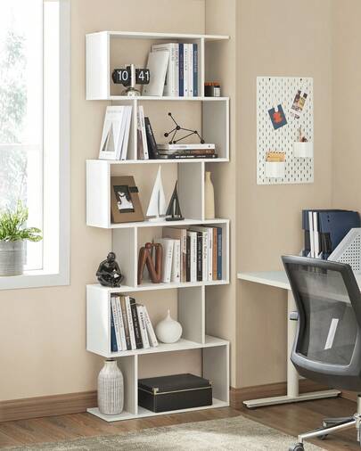 Biblioteca, Librería de 6 Niveles, Estantería de Exposición, Armario de Libros, Separador de Espacios, para Salón, Dormitorio, Estudio, Oficina, Blanco, Vuelta al Cole