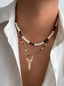 2pcs/Set, Fashionable Bohemian Teeth & Coconut Shell Beaded Necklace, Men's Casual Party Holiday Accessories