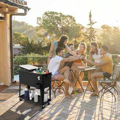  GOFLAME 80 Quart Rolling Cooler Cart, Portable Cooler Ice Chest On Wheels With Shelf, Bottle Opener, Double-Sided Lid, Serving Trolley For Keeping Warm And Cool For Party, Camping