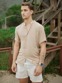 Men's Short Sleeve Shirt With Priest Collar Premium Quality Light And Fresh Fabric Easy To Iron - 香檳色 - 查看 6