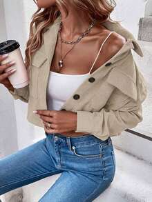 Women's Flap Pocket Drop Shoulder Cropped Corduroy Jacket