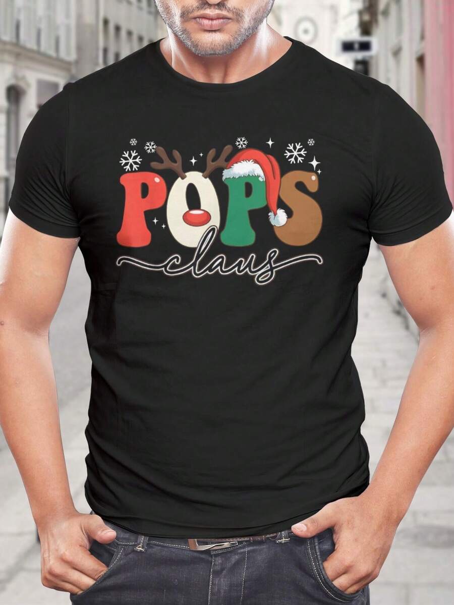 Camiseta navideña de Papá Noel para hombre - Camiseta gráfica festiva, regalo para papá, ropa para fiesta navideña, camiseta casual de algodón con cuello redondo, diseño de Papá Noel y reno - Negro - Ver 1