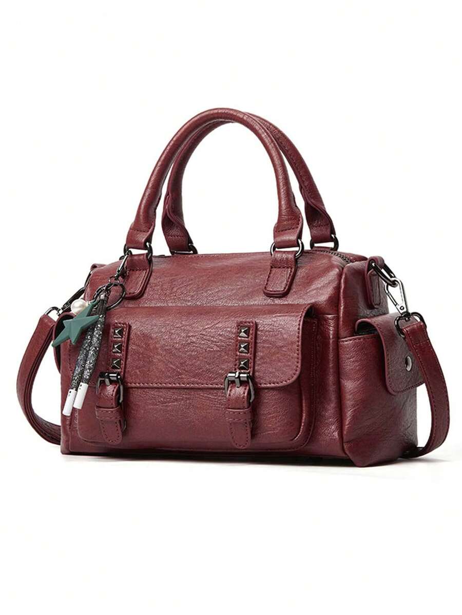 Vintage Style Solid Color PU Leather Crossbody Bag With Zipper Closure And Polyester Lining For Women - European Fashion Large Capacity Shoulder Handbag - Burgundy - View 1