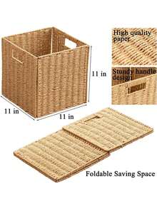 Foldable Storage Baskets With Handles Paper Rope Storage Baskets Rectangle Collapsible Hand Woven Storage Cubes Bins For Organizing Shelves Living Room Bedroom Pantry (4, 11'' X 11'' X 11'') - Natural - View 10