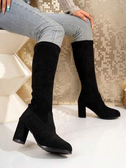 Girl's Black Faux Suede Elastic Knee High Boots, 8cm High Heel, Suitable For Pairing With Jeans, Office & Casual Wear, Spring/Autumn/Winter
