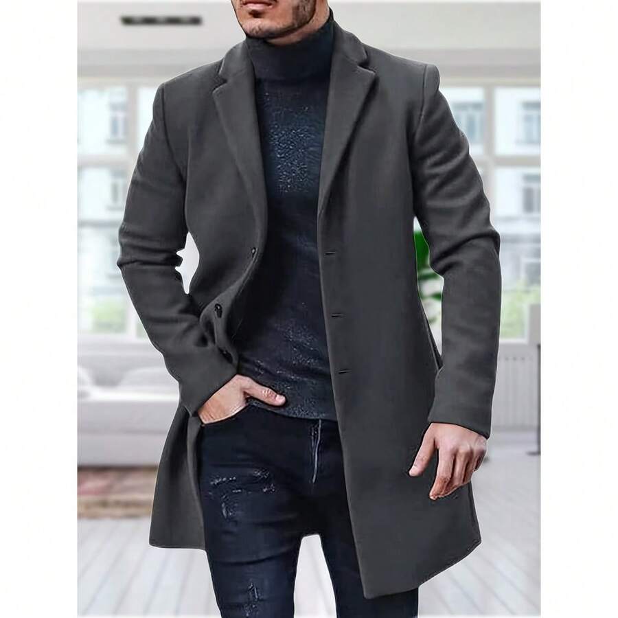 Local Warehouse-  Warm & Soft Pea Coat For Fall Winter Men's Slim Fit Trench Coat - Notched Collar, Single Breasted, - Dark Gray - View 1