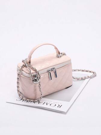 1 件时尚 PU 钻石图案绗缝拉链小方形手提包，女士百搭单肩斜挎包