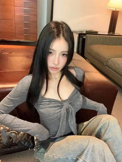 蝴蝶结装饰长袖 T 恤女式春季紧身汗衫圆领修身上衣