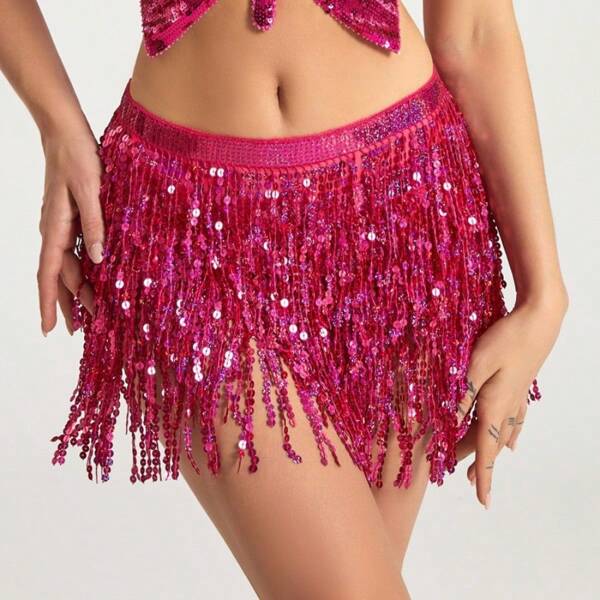 Women's Sequin Tassel Skirt Belly Dance Hip Scarf Sparkly Fringe Wrap Belt Rave Costume Performance Outfit