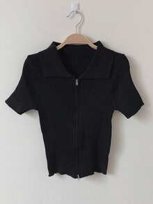 女式翻领双拉链罗纹修身针织衬衫上衣，夏季 - 黑色 - 查看 4