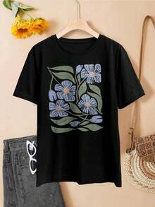 Camiseta informal de manga corta con cuello redondo para mujer, estampado floral vintage, diseño botánico, top de verano ligero para uso diario, camiseta gráfica única para mujer - Negro - Ver 2