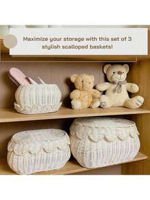 Scalloped Basket With Lid Set Of 3,Stackable Baskets For Organizing, Scalloped Wicker Basket, Woven Basket With Lid, Rattan Storage Baskets With Lid, Basket With Lid Decorative Storage - Rattan - View 7