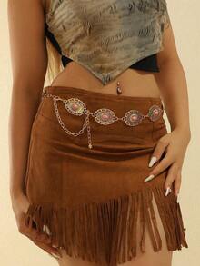 复古椭圆形花卉图案仿银金属腰链，百搭压花金属腰带，适合搭配连衣裙和裤子