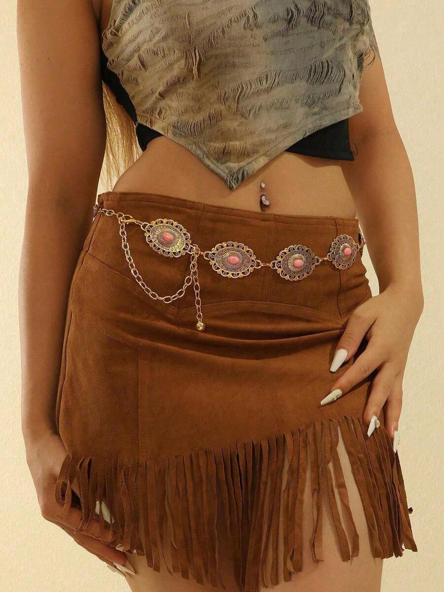 复古椭圆形花卉图案仿银金属腰链，百搭压花金属腰带，适合搭配连衣裙和裤子