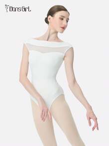 DonsGirl 一件式女式露肩拼色芭蕾紧身衣 - 高弹力网眼拼布舞蹈服/表演服 - 白色 - 查看 4