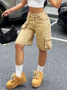 Shorts in denim lavato a vita alta, casual, a gamba larga, da donna