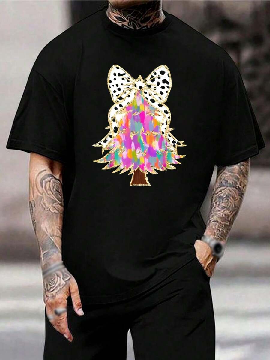 Camiseta con lazo de árbol de Navidad divertido - Camiseta festiva navideña para hombre y mujer - Camiseta de cuello redondo de algodón para fiesta de Navidad - Camiseta de manga corta con estampado gráfico colorido - Negro - Ver 1