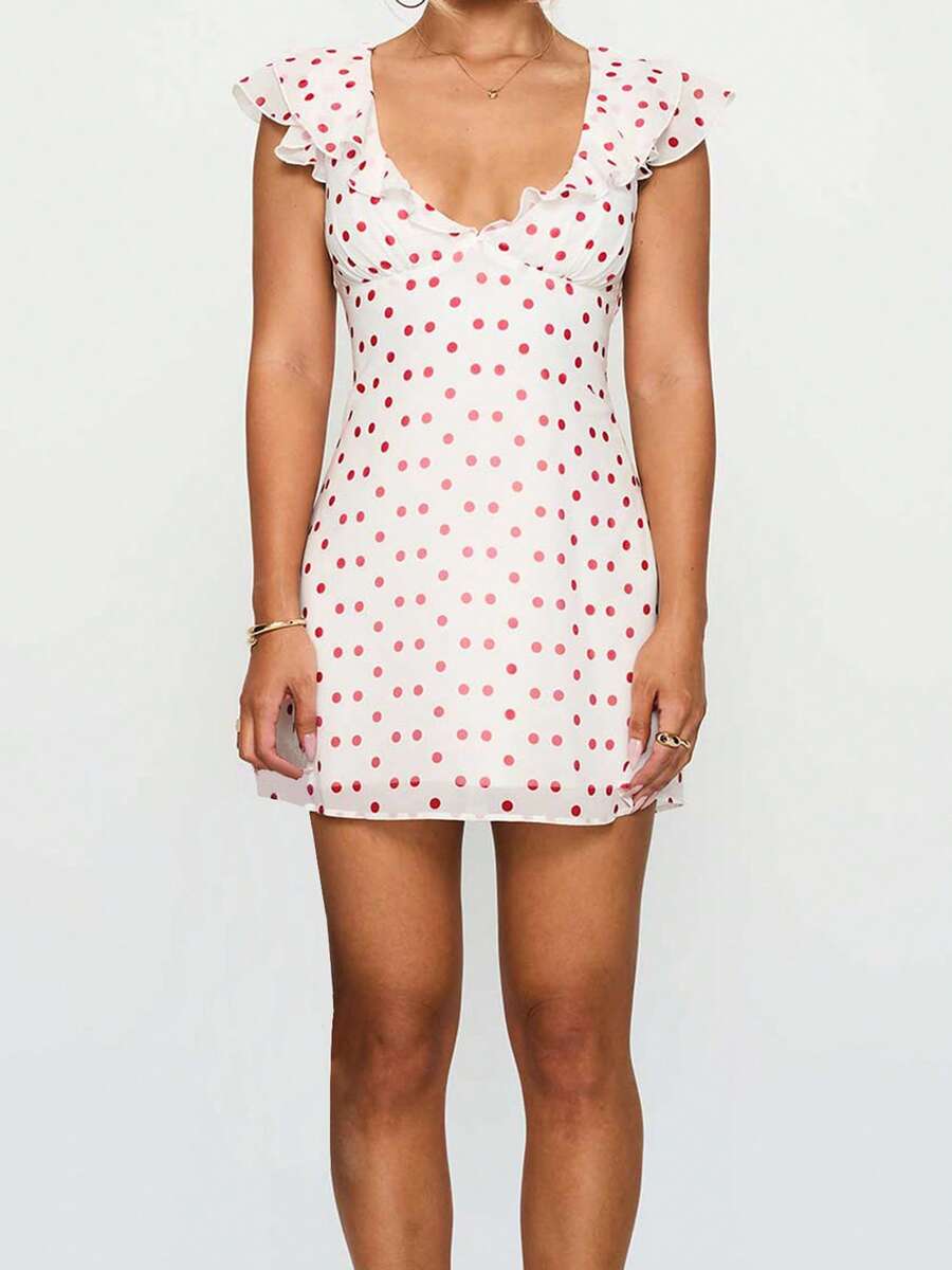 Women Dot Print Short Dress Slim V Neck Flying Sleeve A-Line Mini Dress For Daily Party Club - 白色 - 查看 1