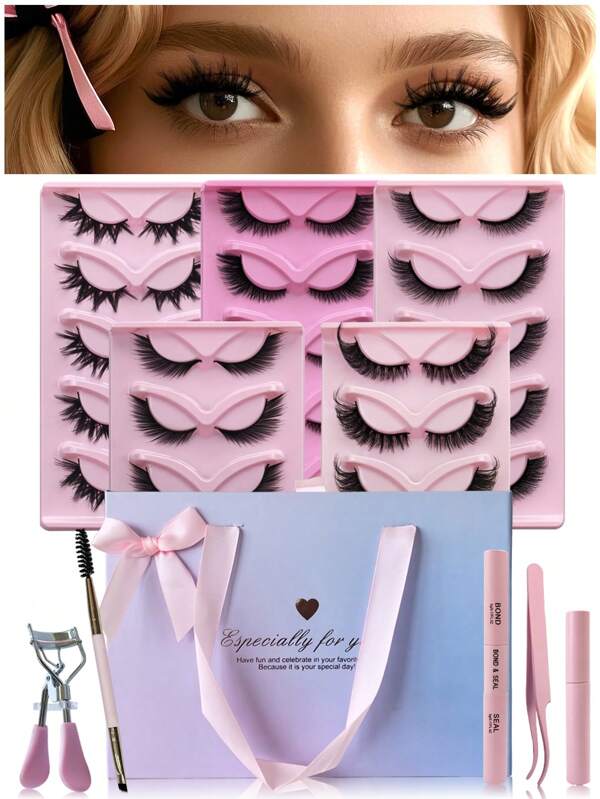Hinarin 5 Boxes 25 Pairs Cat Eye Lashes Kit Natural Look End Eye Elongated False Eyelashes Handmade Reusable Fox Eye Style Faux Mink Strip Lashes Kit With Bond And Seal, Lash Tweezers, Remove,Eyelash Curler,Lash Brush For Self Use