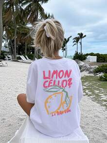 夏季休闲柠檬印花圆领短袖T恤，适合女孩和儿童 - 清新柠檬艺术风格，激发想象力和自我表达！童装，女孩图案T恤，夏季上衣，青少年服装 - 白色 - 查看 2