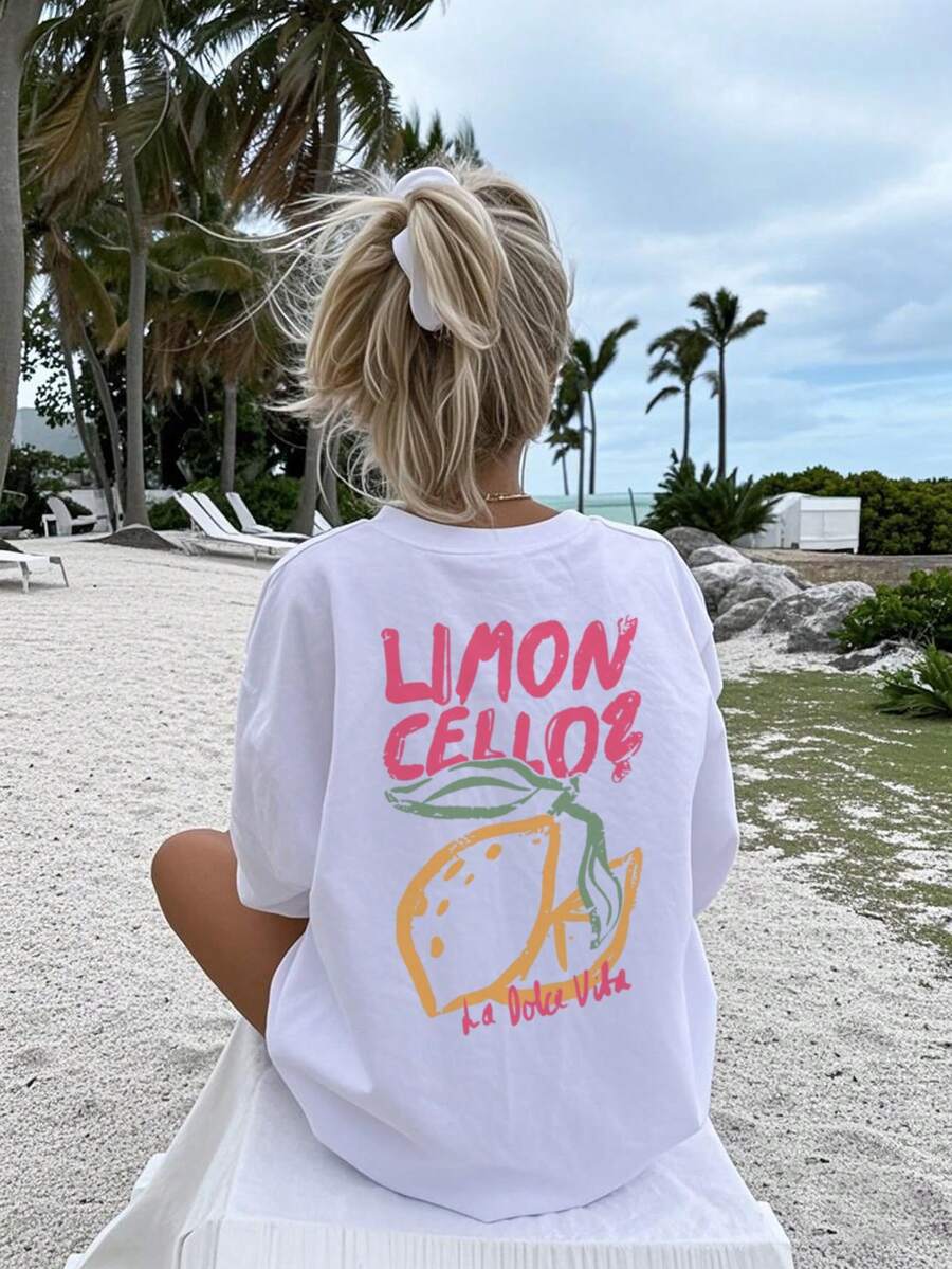 夏季休闲柠檬印花圆领短袖T恤，适合女孩和儿童 - 清新柠檬艺术风格，激发想象力和自我表达！童装，女孩图案T恤，夏季上衣，青少年服装