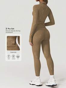 Sodalemon 女士全拉链口袋拇指孔健身夹克无缝前缝瑜伽紧身裤银色烫印运动套装 - 摩卡棕 - 查看 1