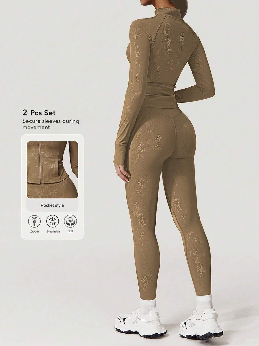 Sodalemon 女士全拉链口袋拇指孔健身夹克无缝前缝瑜伽紧身裤银色烫印运动套装 - 摩卡棕 - 查看 1