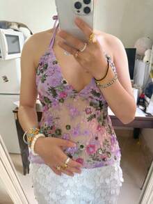 Women Y2k Sequin Halter Cami Tops Summer Deep V Neck Spaghtti Strap Backless Sexy Crop Tank Tops Sheer Mesh Patchwork Slim Fit Shirt Fairy Grunge Going Out Tops E-Girls Vintage Aesthetic Clothes Clubwear - 淡紫色 - 查看 7
