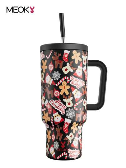 Copo térmico de 40 oz com alça, garrafa de água com isolamento a vácuo, tampa e canudo à prova de vazamentos, caneca de café térmica, caneca de viagem de aço inoxidável, mantém frio por 34 horas ou quente por 10 horas