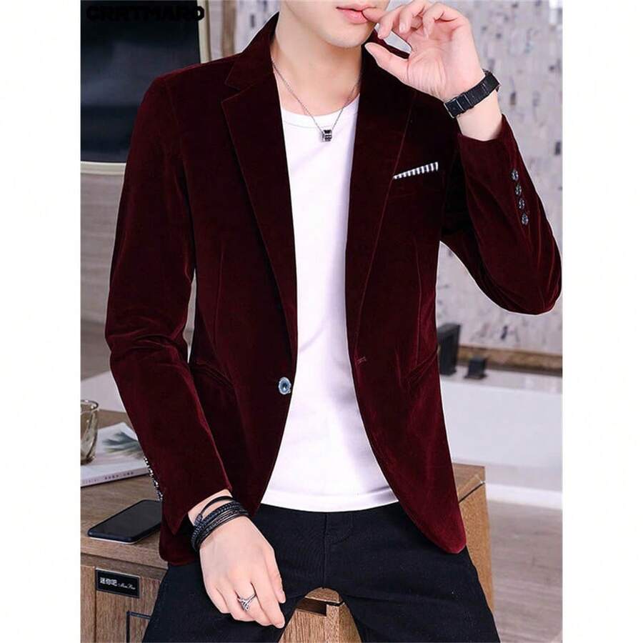 Local Warehouse- Famous Brand Menswear 2561-Y, Cartma CRRTMARO Spring 2025 Flat Velvet Suit Men'S Youth Single-Breasted Jacket Coat - - 酒紅色 - 查看 1