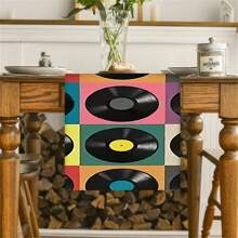 Retro Vinyl Record Design Polyester Table Runner - Woven, Rectangular, Decorative Tablecloth Suitable For Seasonal Kitchen Decor, Indoor Room Renovation And Outdoor Gathering