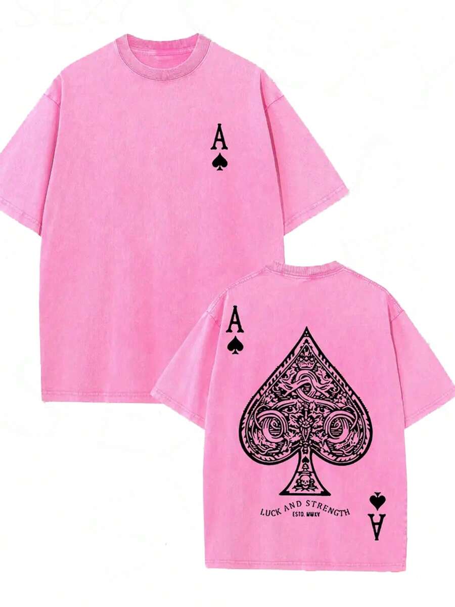 1 Piece, 230G Double-Sided Washed, Large Fan Letter A Printed T-Shirt, High-Quality Wax Printed Cotton Retro Fashion Brand T-Shirt, Suitable For Summer T-Shirt With A Certain Thickness, Holiday Gift - Màu Hoa hồng đỏ - Xem 1