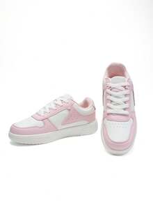 DareSee Vårmode minimalistiska klassiska runda tå casual sportsneakers, rosa och vita, snörning med tjock sula casual sportskor, lämpliga för studenter, skateboardåkning, campus och sport, bekväma andningsbara musikfest Y2K-fest tillbaka till skolan höst jul jul vinter julklappar - Babyrosa - Visa 10