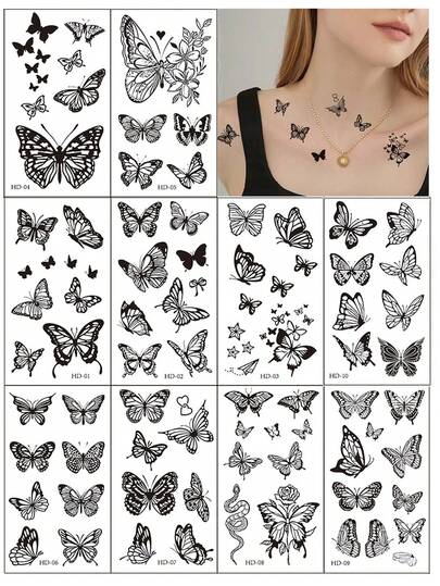 （10 张/套）防水持久蝴蝶假纹身贴纸，个性化性感临时纹身，适合男士、女士和儿童